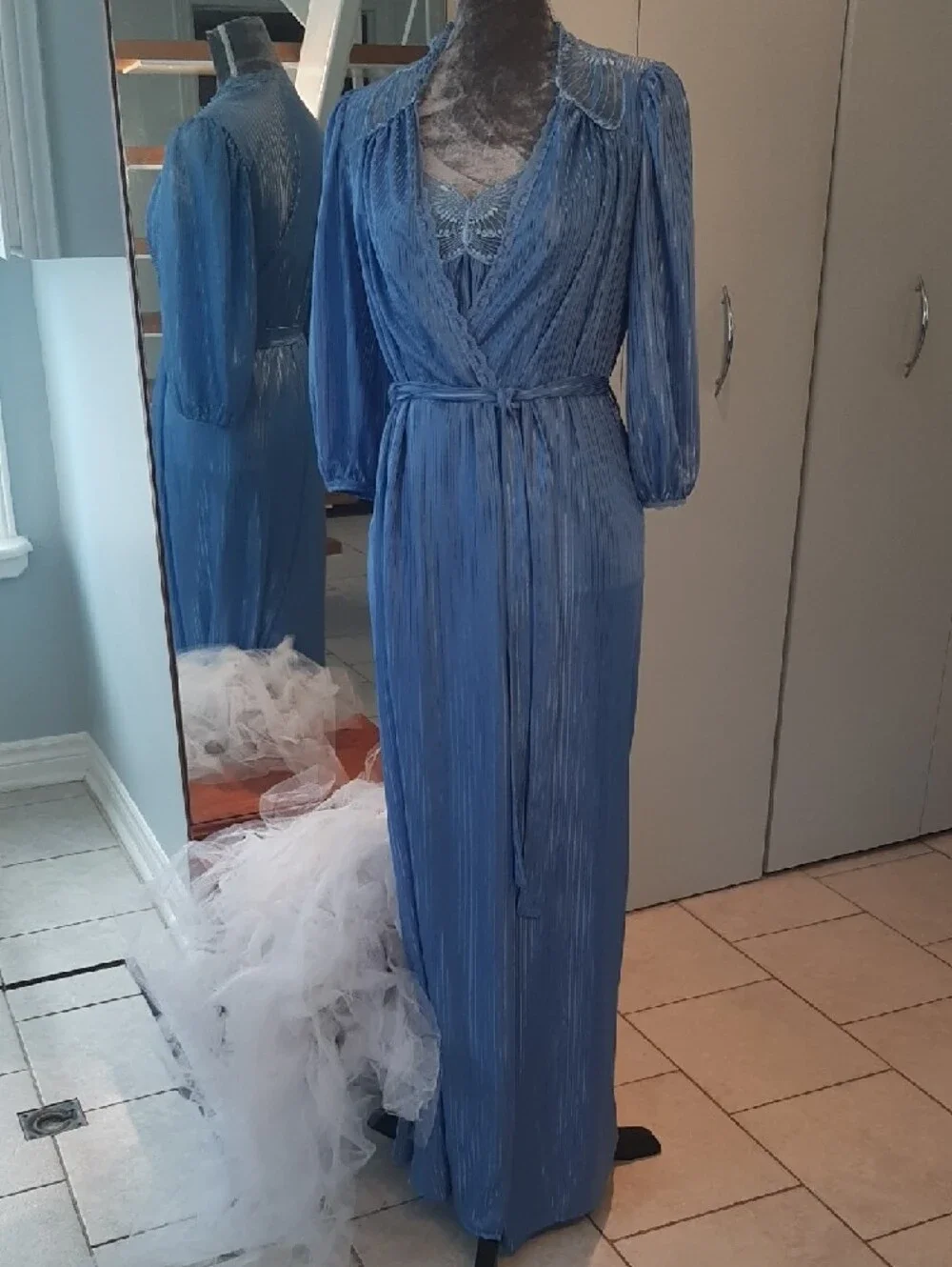 🦋COORD SET🦋BUTTERFLY Light Blue VINTAGE Negligee+Wrap Robe Self-Tie Belt Sz M - Picture 4 of 11